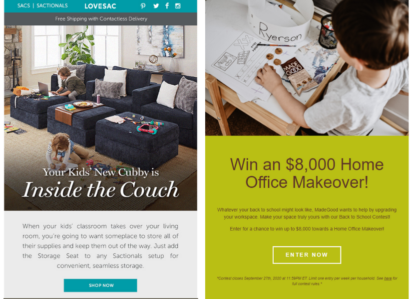 The LoveSac email and MadeGood Foods email from last year both show how two brands approached the location of 2020 schooling.